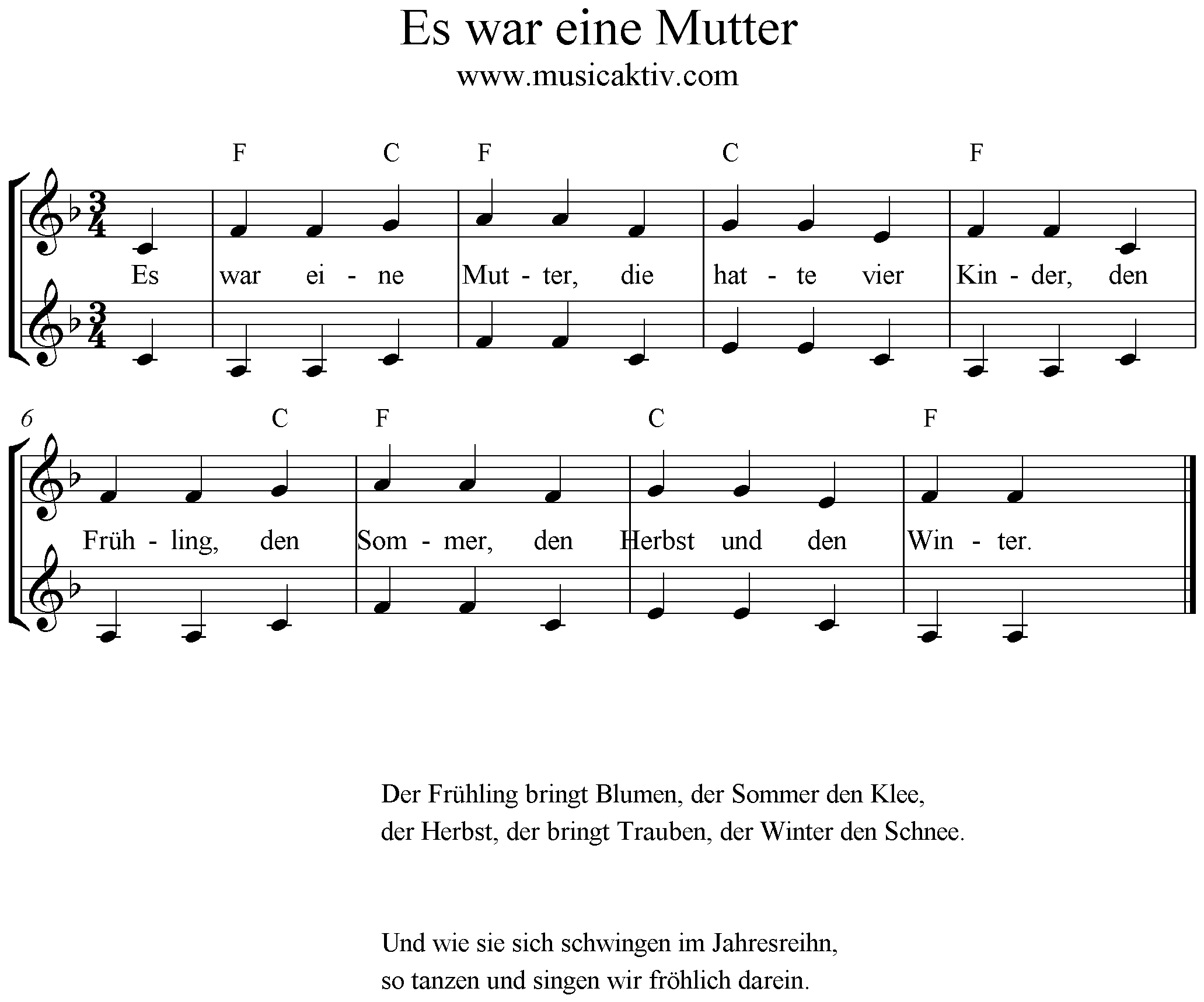 Noten Es war eine Mutter, Akkkorde, Text